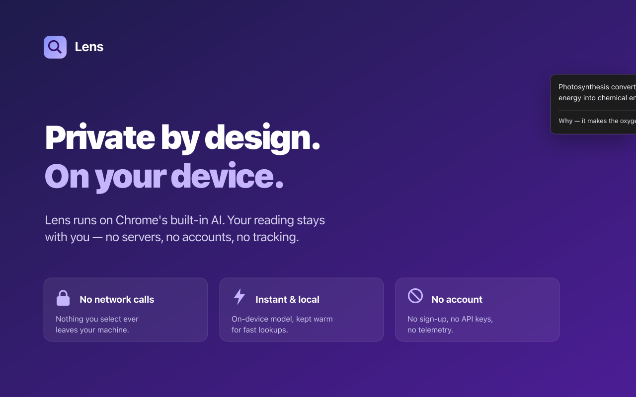 A promo graphic reading Private by design, On your device, with three points: no network calls, instant and local, no account.