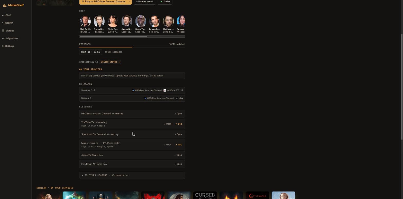 A MediaShelf title page showing where a film streams on your services versus elsewhere, with deep links, plan prices and cast.